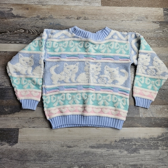 Vintage Cat Sweater Pastel colors Made in USA - Picture 1 of 8